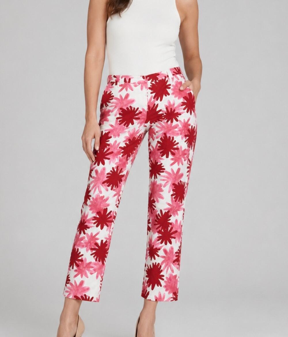 Diane von Furstenberg Silk Floral Crop Pants Women’s Size 0 Pink Red Cotton